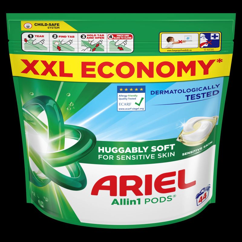 Ariel All-in-1 PODs Sensitive Mazgāšanas Kapsulas, 44 Mazgāšanas Reizēm