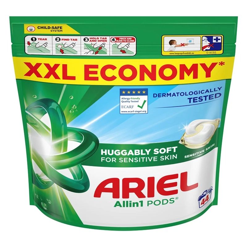 Ariel All-in-1 PODs Sensitive Mazgāšanas Kapsulas, 44 Mazgāšanas Reizēm