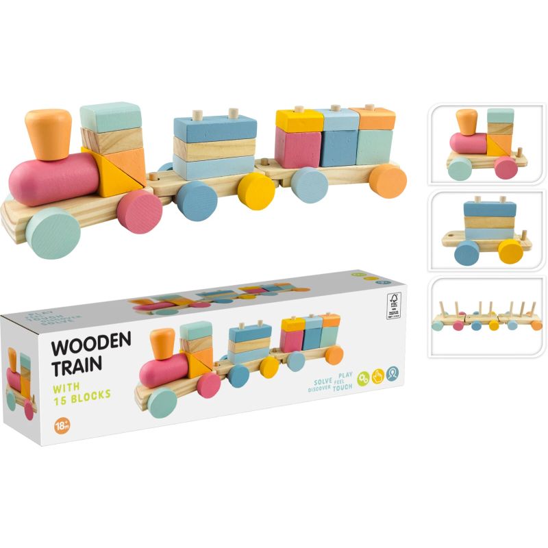 Rotaļlieta koka vilciens ar 15 blokiem