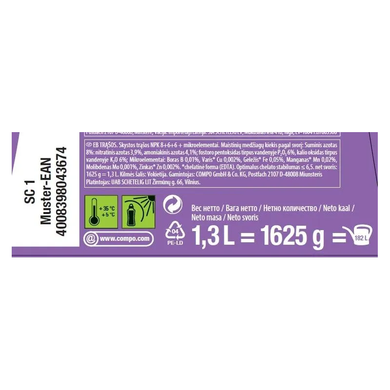 Šķidrais mēslojums istabas un balkona augiem COMPO, 1,3 l