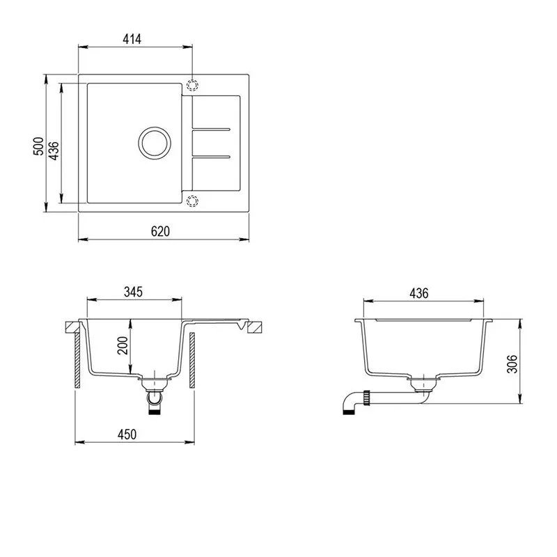 Virtuves izlietne Helika Tesa SQT102-601AW, granīts, 62 cm x 50 cm x 20 cm, melna krās.