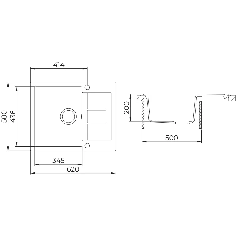 Virtuves izlietne Helika Tesa SQT102-601AW, granīts, 62 cm x 50 cm x 20 cm, melna krās.