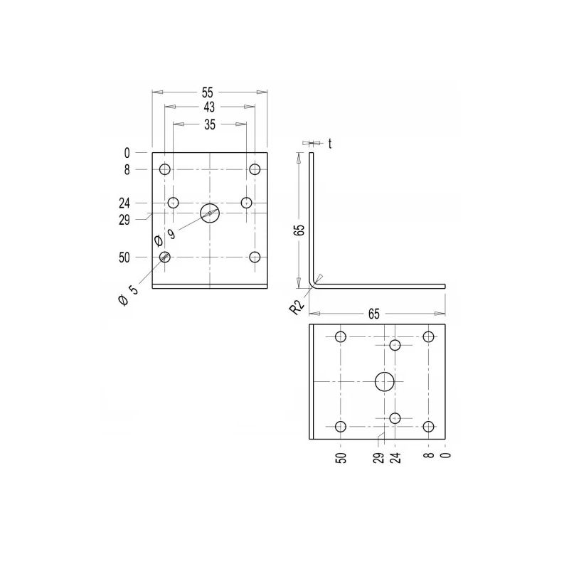 Stiprinājuma leņķis 65x65x55x3 mm