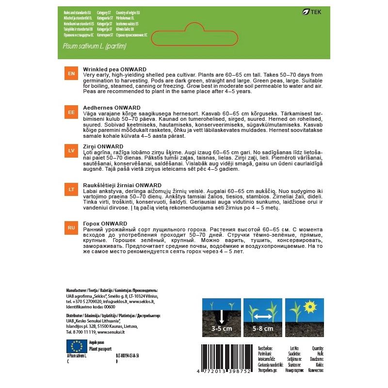 Sēklas dārzeņu zirņi šķaut onward 10g