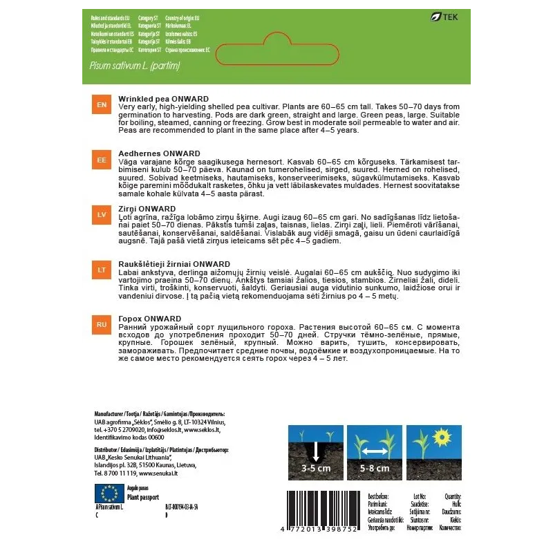 Sēklas Garden Center, zirņi ONWARD, 10 g