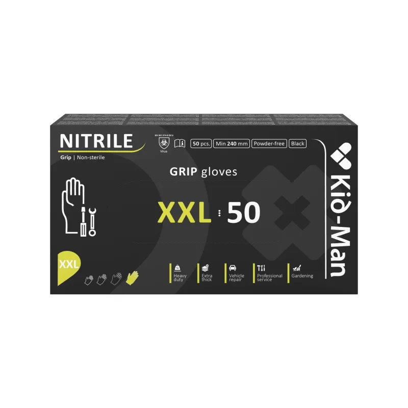 Kid-Man melni nitrila cimdi ar labu saķeri N50, izmērs XXL