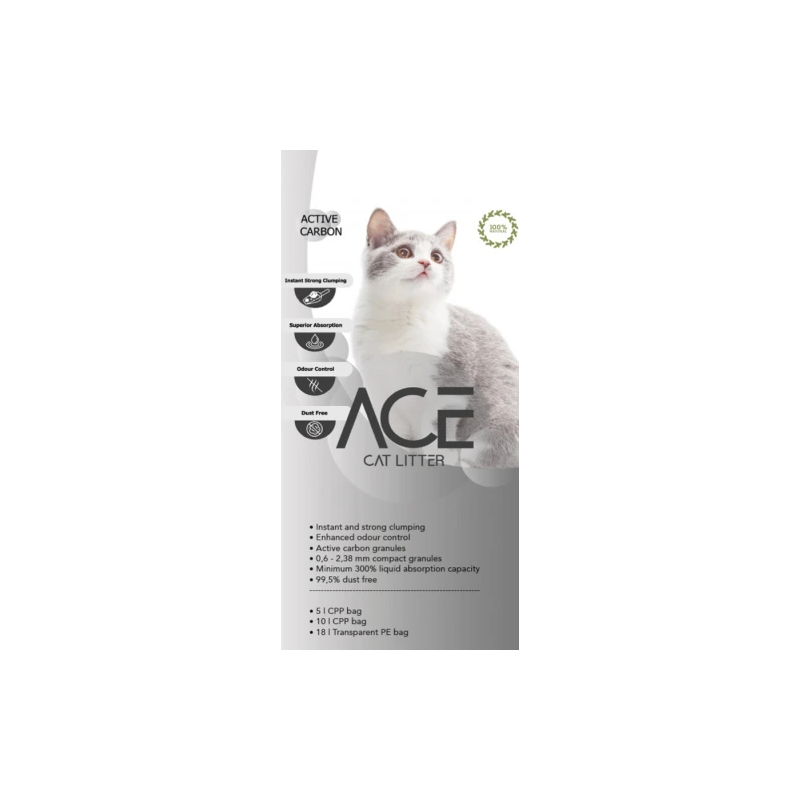 ACE Carbon Active CAT LITTER 5 LT - cementējošās smiltis kaķu tualetei ar aktivēto ogli 5 L