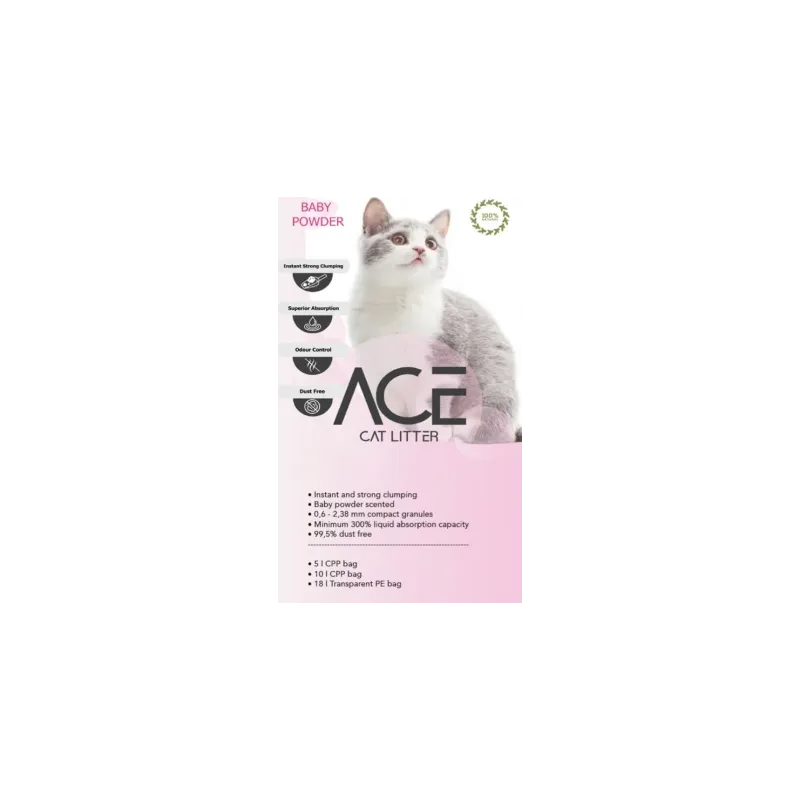 ACE Baby Powder CAT LITTER 10 LT - cementējošās smiltis kaķu tualetei ar bērnu pūderi 10 L