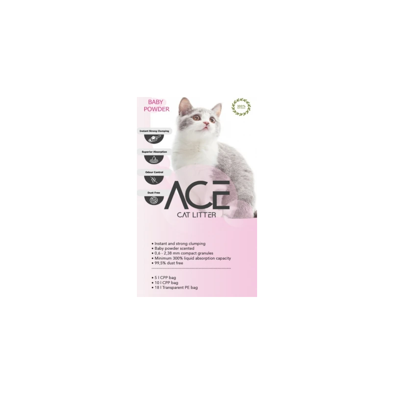 ACE Baby Powder CAT LITTER 20 LT - cementējošās smiltis kaķu tualetei ar bērnu pūderi 20 L