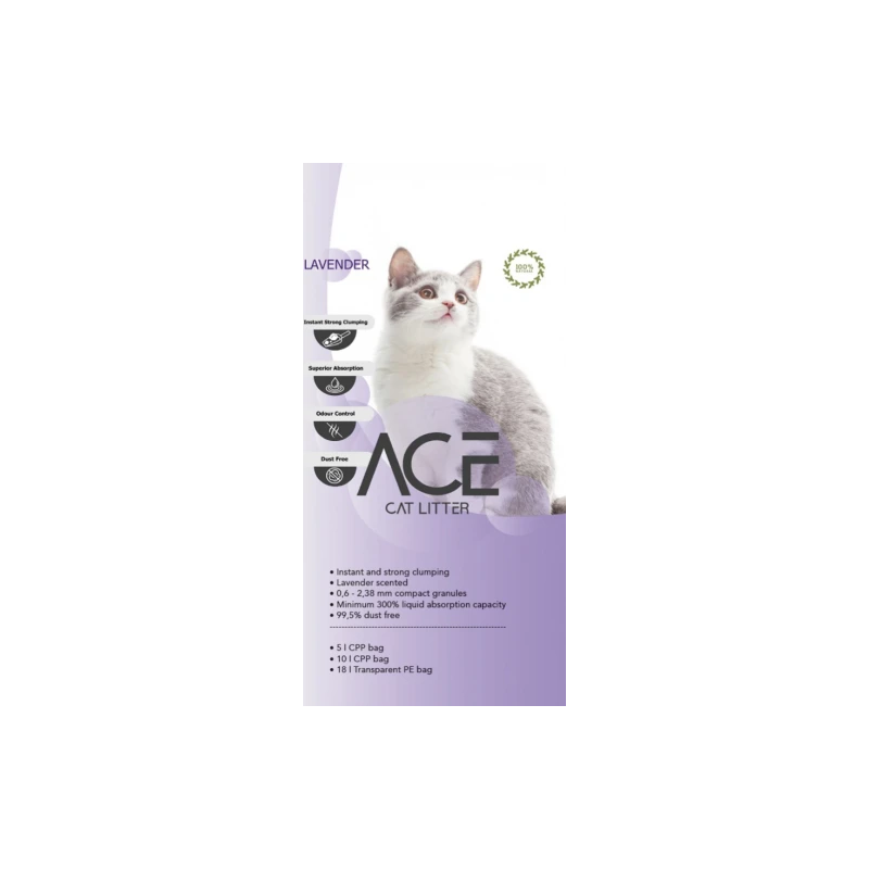 ACE Lavender CAT LITTER 20 LT - cementējošās smiltis kaķu tualetei ar lavandu 20 L
