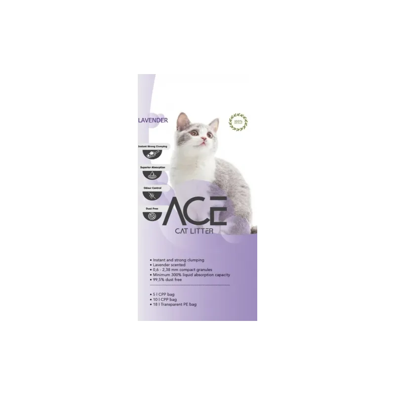ACE Lavender CAT LITTER 20 LT - cementējošās smiltis kaķu tualetei ar lavandu 20 L
