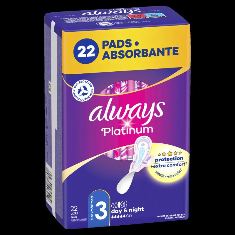 Always Platinum Size 3 Pads with Wings, Day & Night, 22 pcs