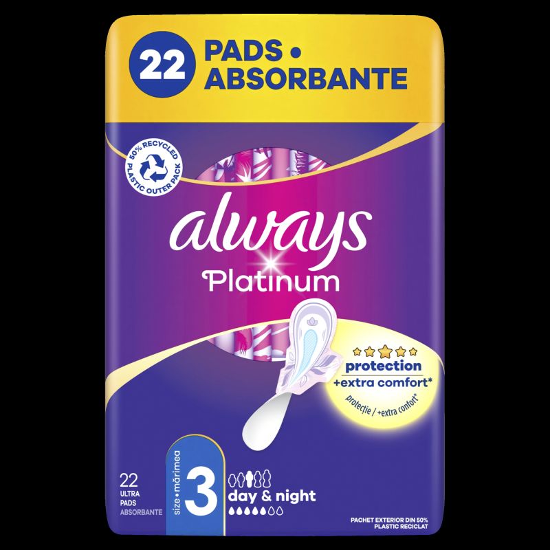 Always Platinum Size 3 Pads with Wings, Day & Night, 22 pcs