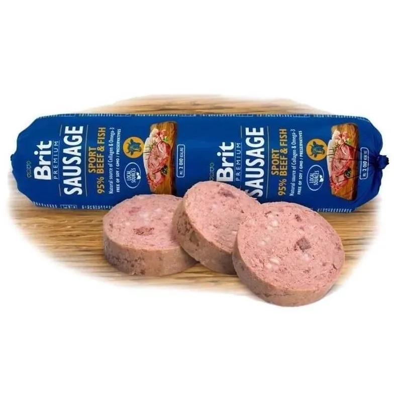 Mitrā barība ,konservi, suņiem Brit Premium Beef & Fish Sausage, liellopa gaļa-zivs, 0.8 kg