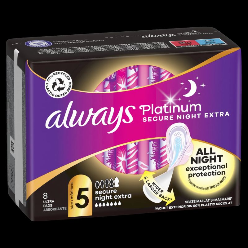 Always Platinum Secure Night Extra Size 5 Higiēniskās Paketes Ar Spārniņiem, 8 gab