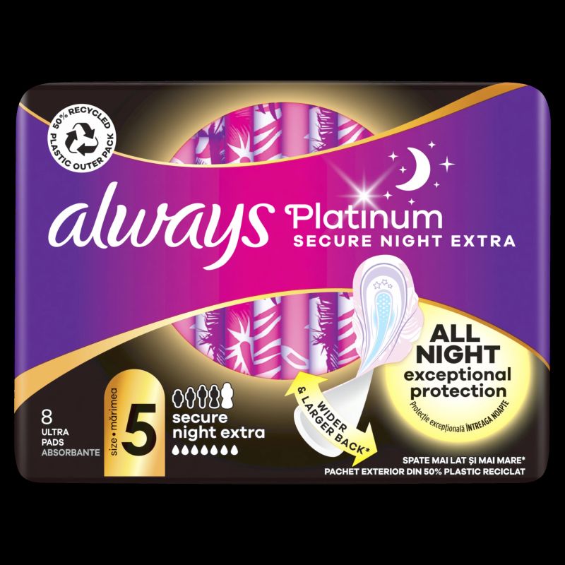 Always Platinum Secure Night Extra Size 5 Higiēniskās Paketes Ar Spārniņiem, 8 gab