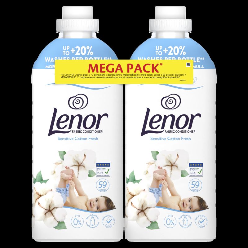 LENOR Veļas Mīkstinātājs Sensitive Cotton Fresh 2 x 1.239 L ,118 Mazgāšanas Reizēm,