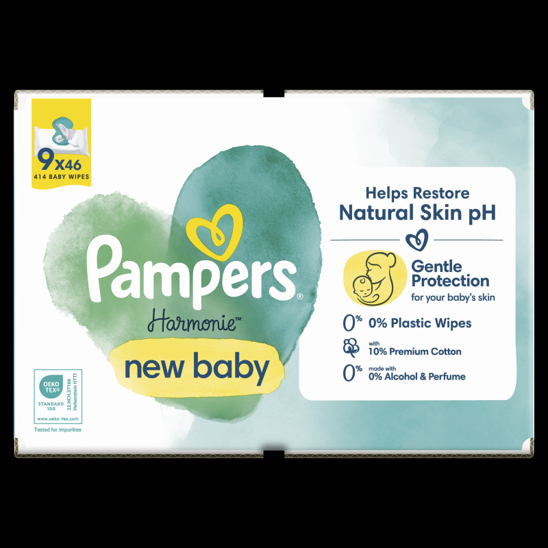 Pampers Harmonie New Baby Mitrās Salvetes Mazuļiem, 9 Lepakojumi, 414 Mitrās Salvetes