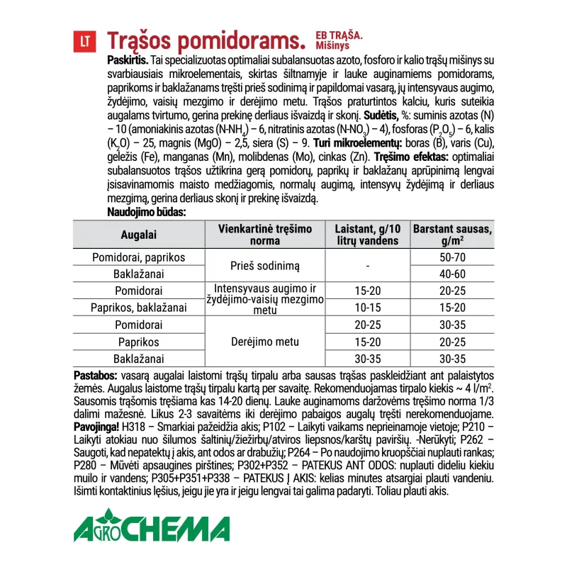 Mēslojums tomātiem, pipariem Agrochema, lielam apjomam, 4 kg