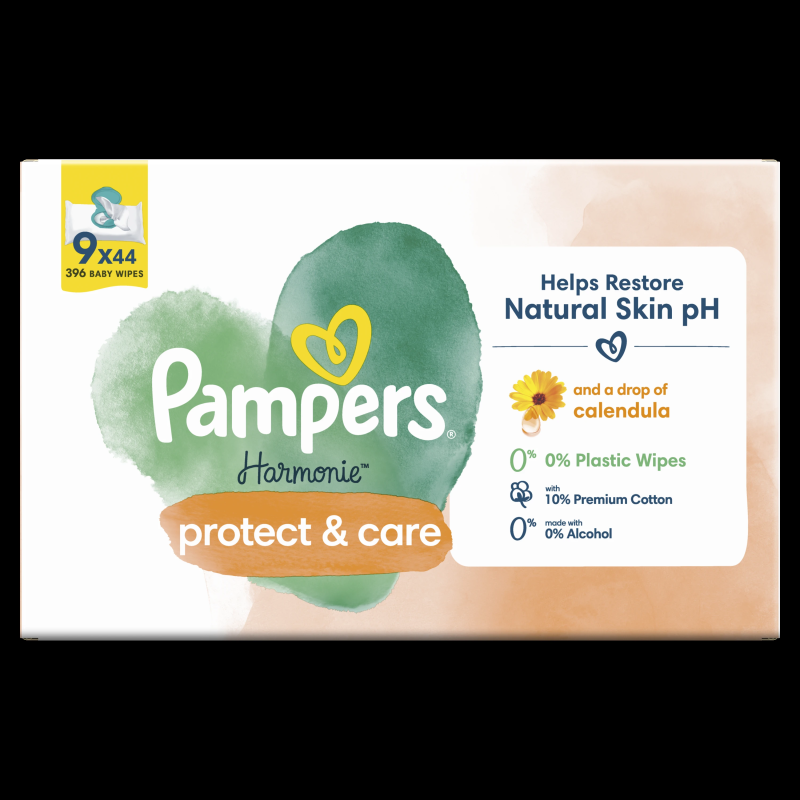 Pampers Harmonie Protect & Care Mitrās Salvetes Mazuļiem, 9 Lepakojumi, 396 Mitrās Salvetes