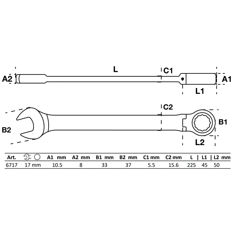 Regulējamā reversā kombinētā atslēga - 17 mm