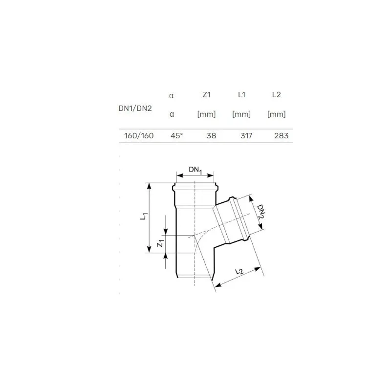 Trejgabals āra kanalizācijai Magnaplast, 160 mm x 160 mm, 45 °