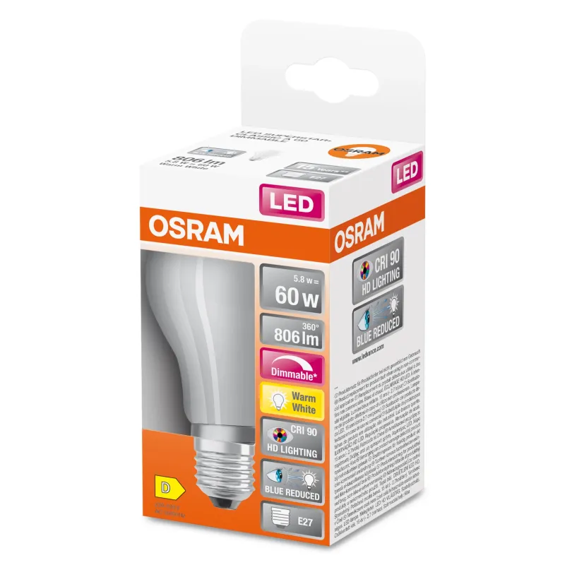 Spuldze Osram LED, A60, silti balta, E27, 5.8 W, 806 lm