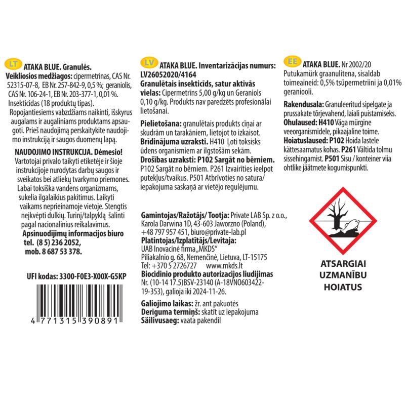 Granulas ataka blue skudru iznīcin. 900g