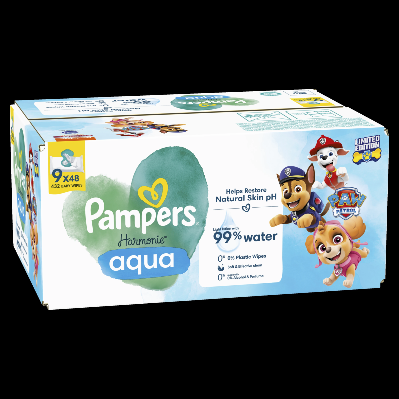 Pampers Harmonie Aqua Baby Mitrās Salvetes Mazuļiem, 9 Iepakojumi, 432 Mitrās Salvetes