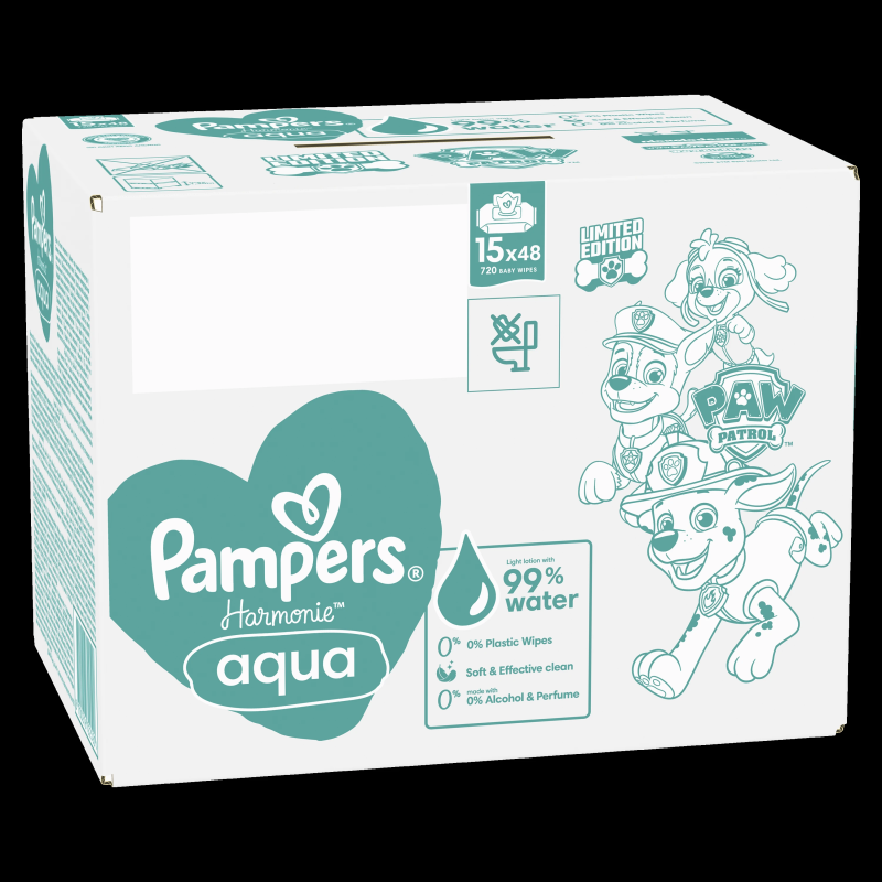 Pampers Harmonie Aqua Baby Mitrās Salvetes Mazuļiem, 15 Iepakojumi, 720 Mitrās Salvetes
