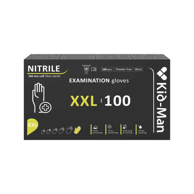 Nitrila cimdi, melni, Kid-Man, N100, izmērs XXL