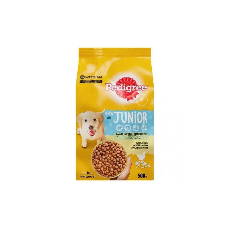 Sausā suņu barība Pedigree Junior, dārzeņi-mājputnu gaļa, 0.5 kg