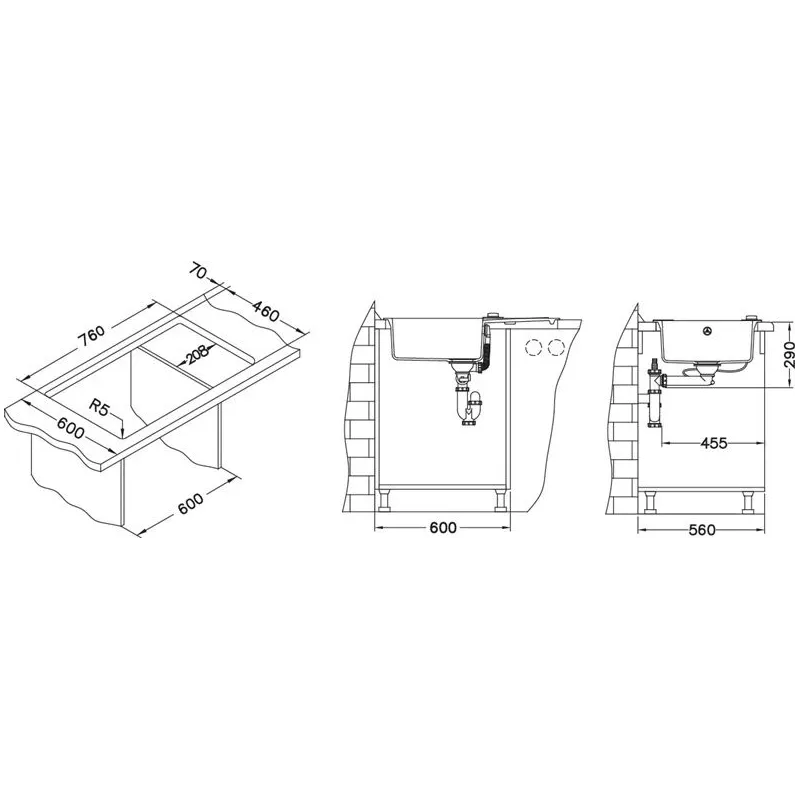 Virtuves izlietne Alveus Rock 130 91, granīts, 78 cm x 48 cm x 18 cm, melna krās.