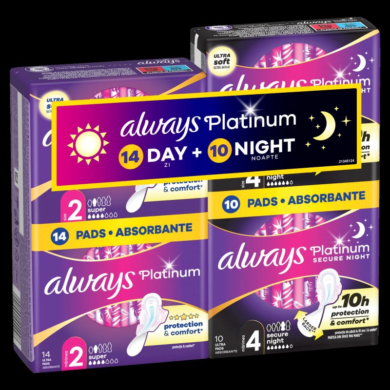 Always Platinum Higiēniskās Paketes Ar Spārniņiem Day ,Size 2, 14 gab, and Night ,Size 4, 10 gab,
