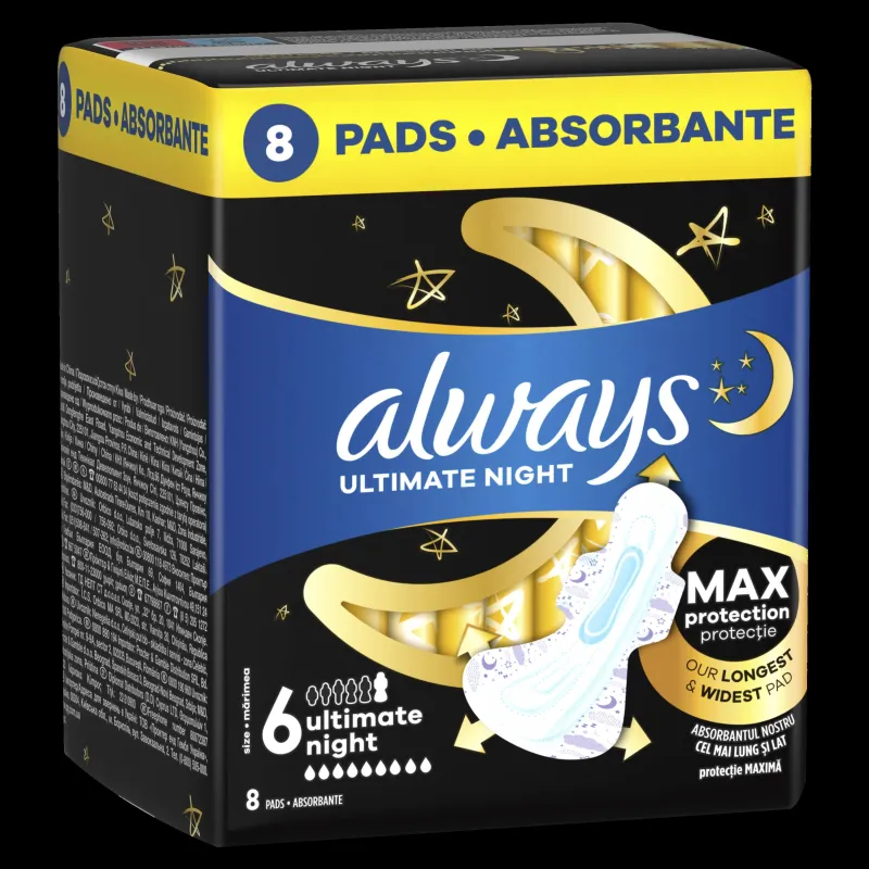Always Ultimate Night Size 6 Higiēniskās Paketes Ar Spārniņiem, 8 gab