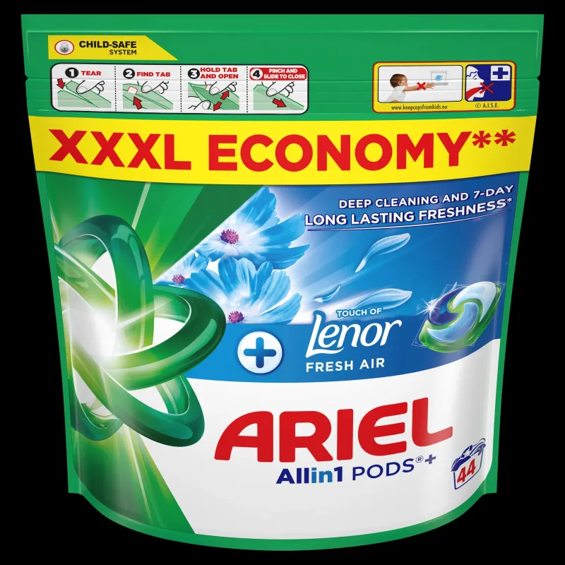 Ariel All-in-1 PODs +Touch of Fresh Air Lenor Mazgāšanas Kapsulas, 44 Mazgāšanas Reizēm
