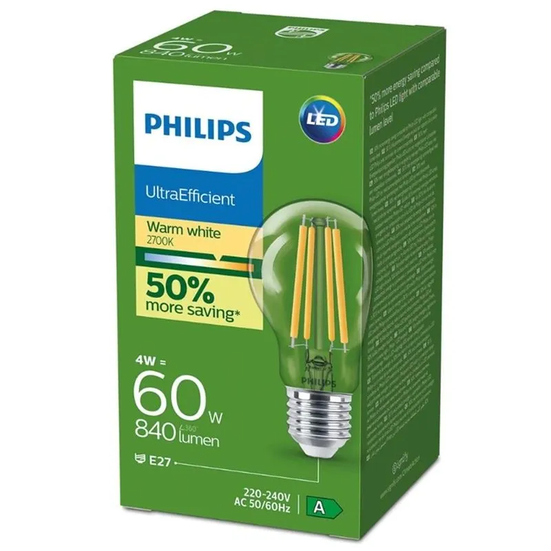 Spuldze Philips LED. A60. E27. 4W. 840LM. 2700K CL