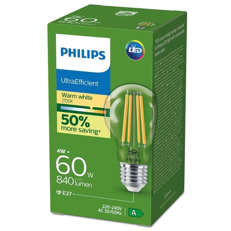Spuldze Philips LED. A60. E27. 4W. 840LM. 2700K CL