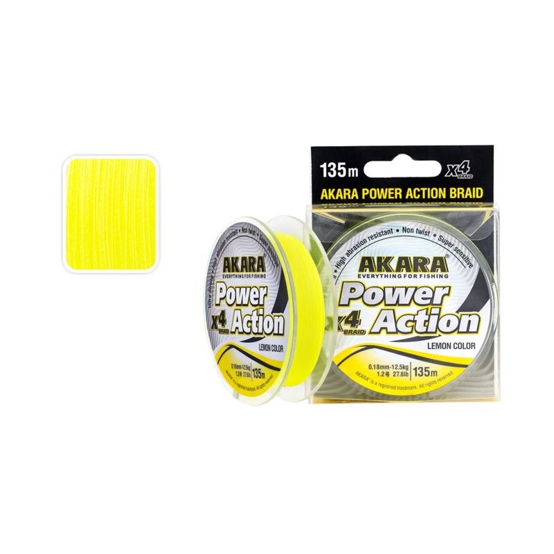 Pītā aukla AKARA Power Action X-4 dzeltena, garums 135 m, biezums 0,20 mm, svars 15,1 kg.