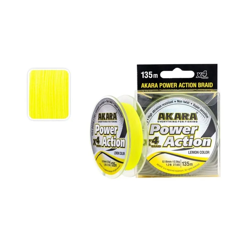 Pītā aukla AKARA Power Action X-4 dzeltena, garums 135 m, biezums 0,20 mm, svars 15,1 kg.