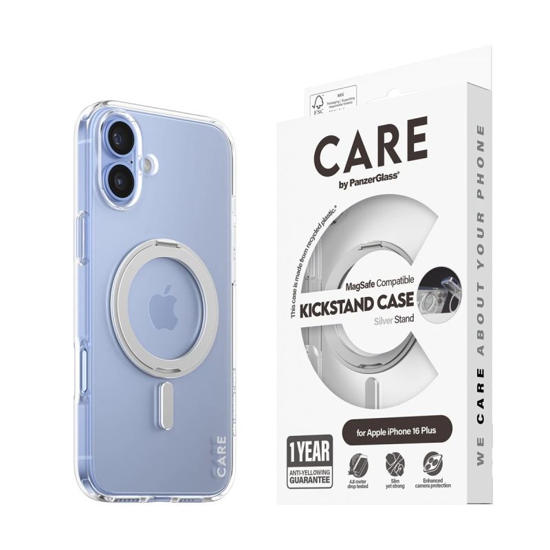 CARE Feature case with Silver Kickstand MagSafe iPhone 16 Plus, Transparent