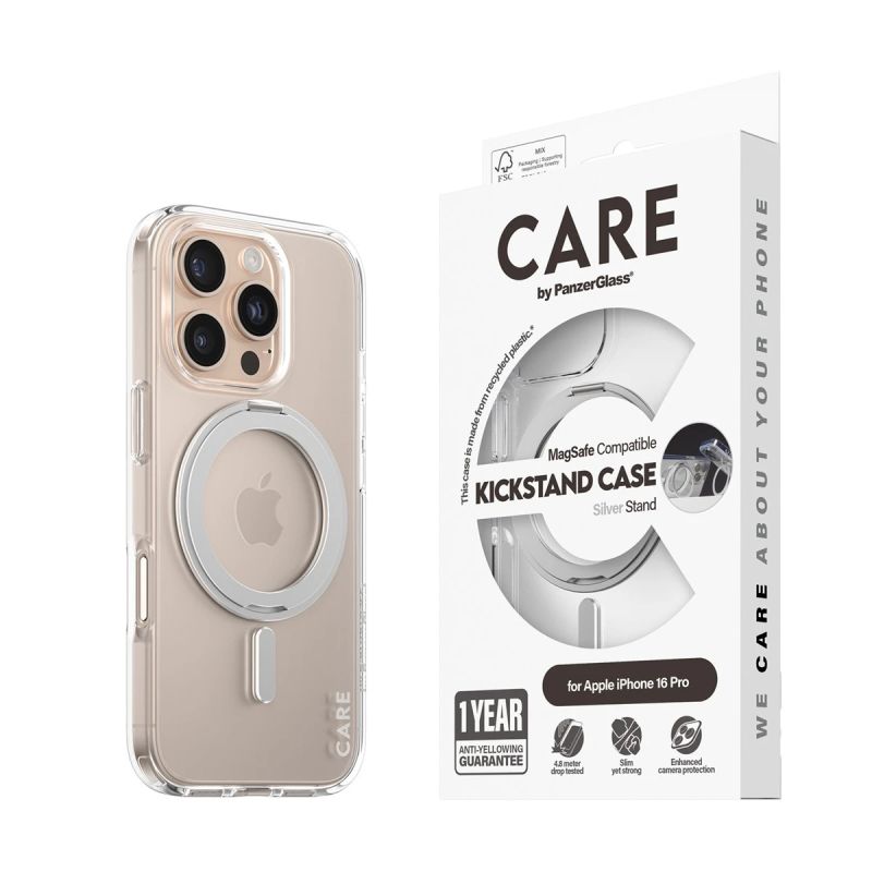 CARE Feature case with Silver Kickstand MagSafe iPhone 16 Pro, Transparent