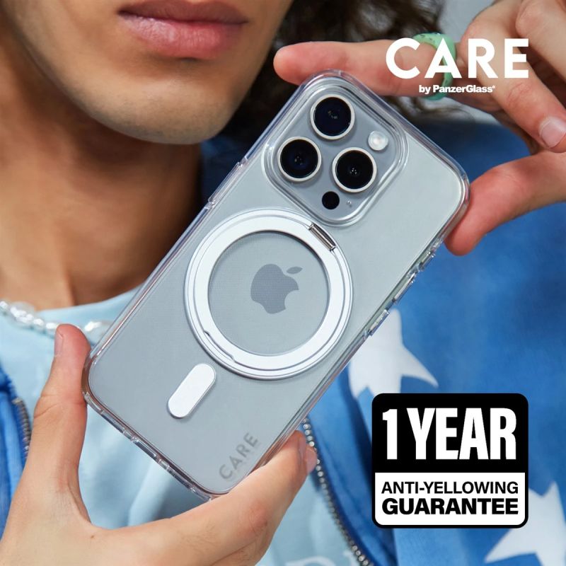 CARE Feature case with Silver Kickstand MagSafe iPhone 16, Transparent