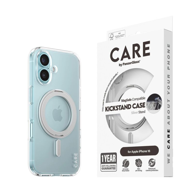 CARE Feature case with Silver Kickstand MagSafe iPhone 16, Transparent