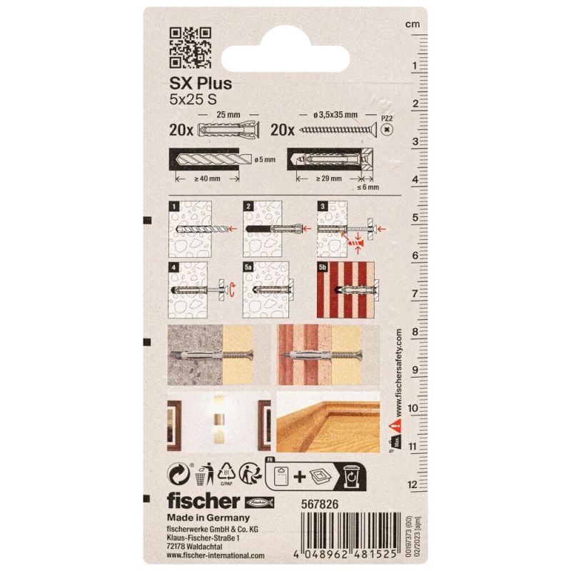 FISCHER paplašināšanas kontaktdakša SX Plus S ar skrūvi, 5x25 mm, 20 gab.