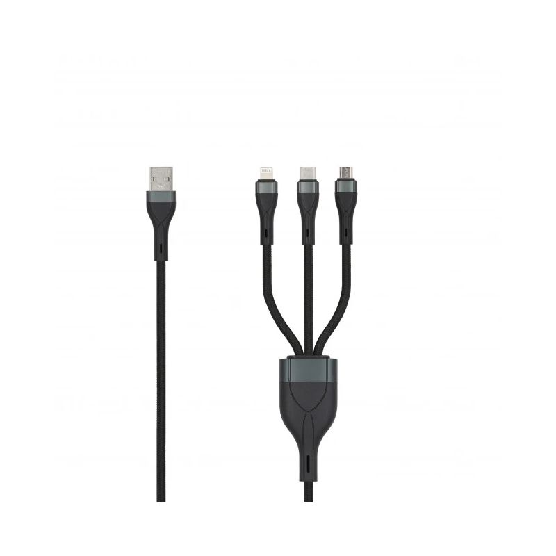 SEEK TOTI USB A to microUSB-Type-C-Lightning, 1.5 m Braided Cable 2A ,non-MFI,, Black