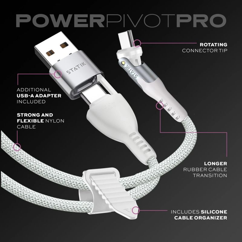 STATIK PowerPivot Pro Nylon Braided Cabel, USB-C to USB-C, 1m, White