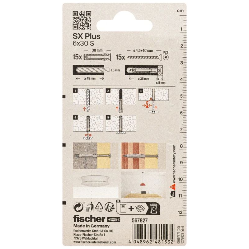 FISCHER paplašināšanas kontaktdakša SX Plus S ar skrūvi, 6x30 mm, 15 gab.