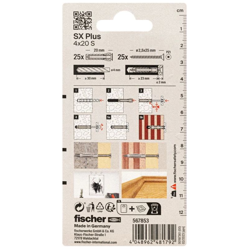FISCHER paplašināšanas kontaktdakša SX Plus S ar skrūvi, 4x20 mm, 25 gab.
