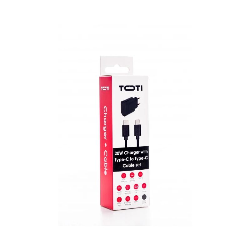 SEEK TOTI 20W Type-C PD Wall Fast Charger with Type-C to Type-C, 1 m PVC Data Cable 3A, Black